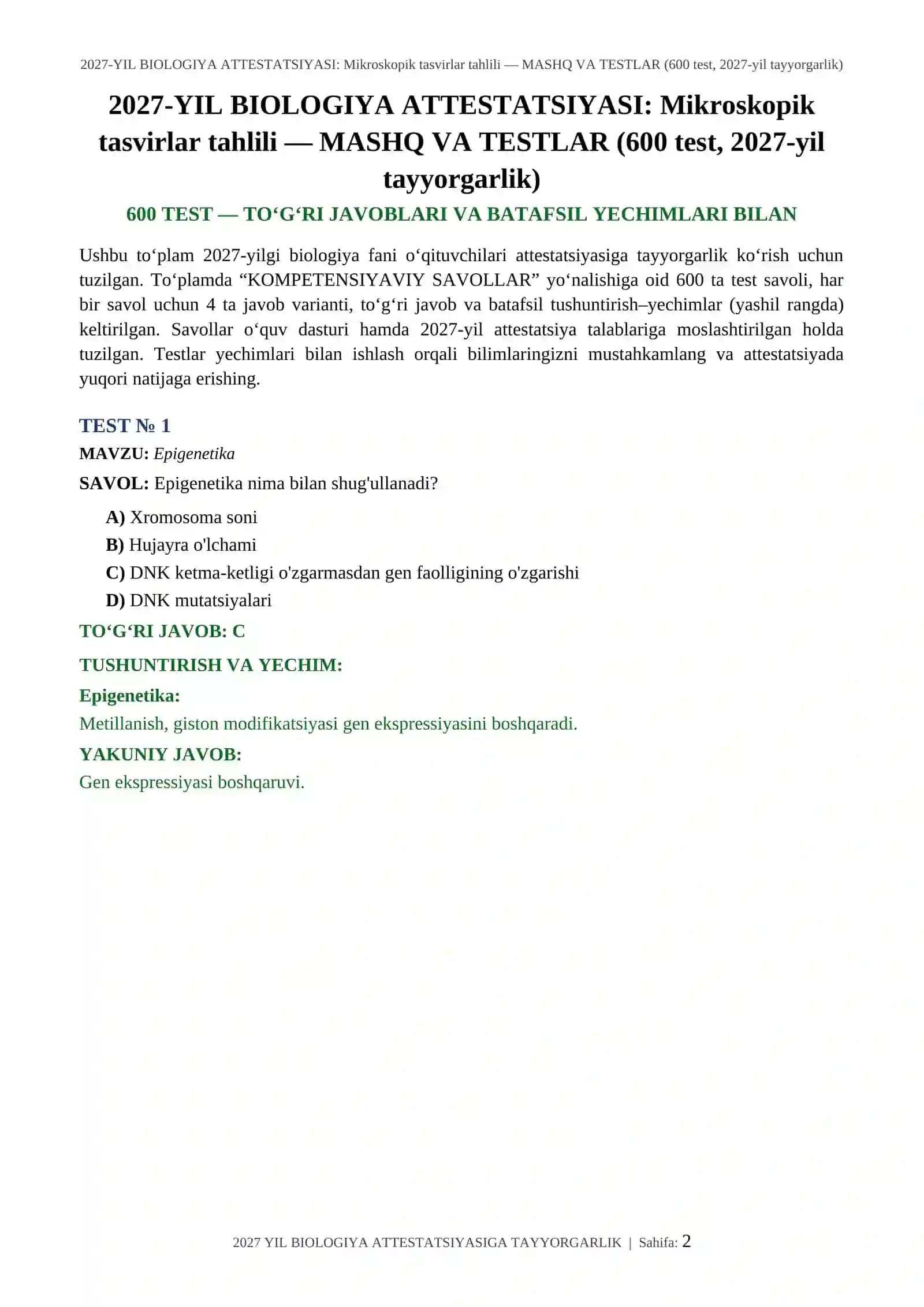 2027-YIL BIOLOGIYA ATTESTATSIYASI: Mikroskopik tasvirlar tahlili — MASHQ VA TESTLAR (600 test, 2027-yil tayyorgarlik) 2