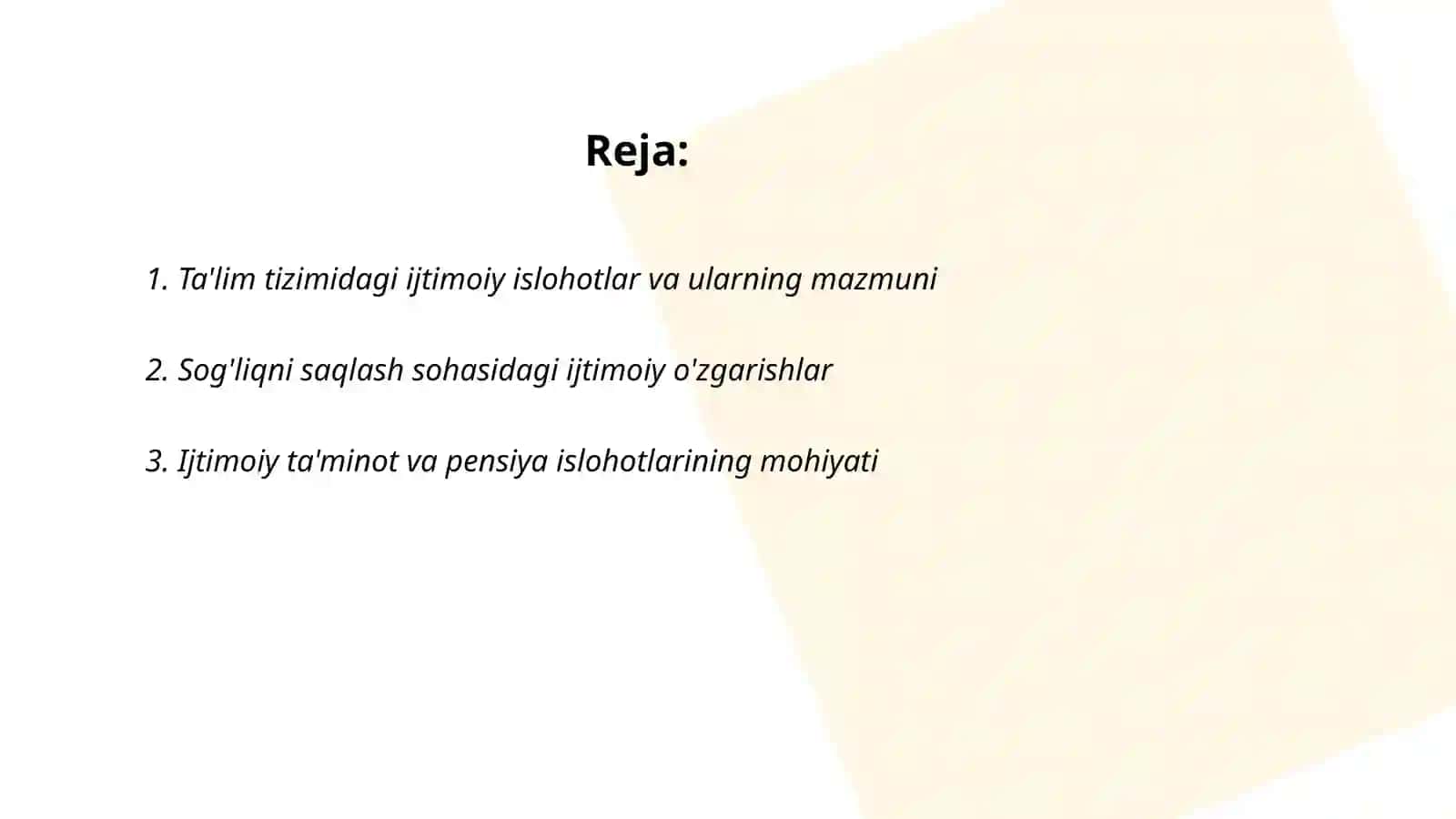 O'zbekistonda ijtimoiy sohada amalga oshirilayotgan o'zgarishlar mazmun va mohiyati 2