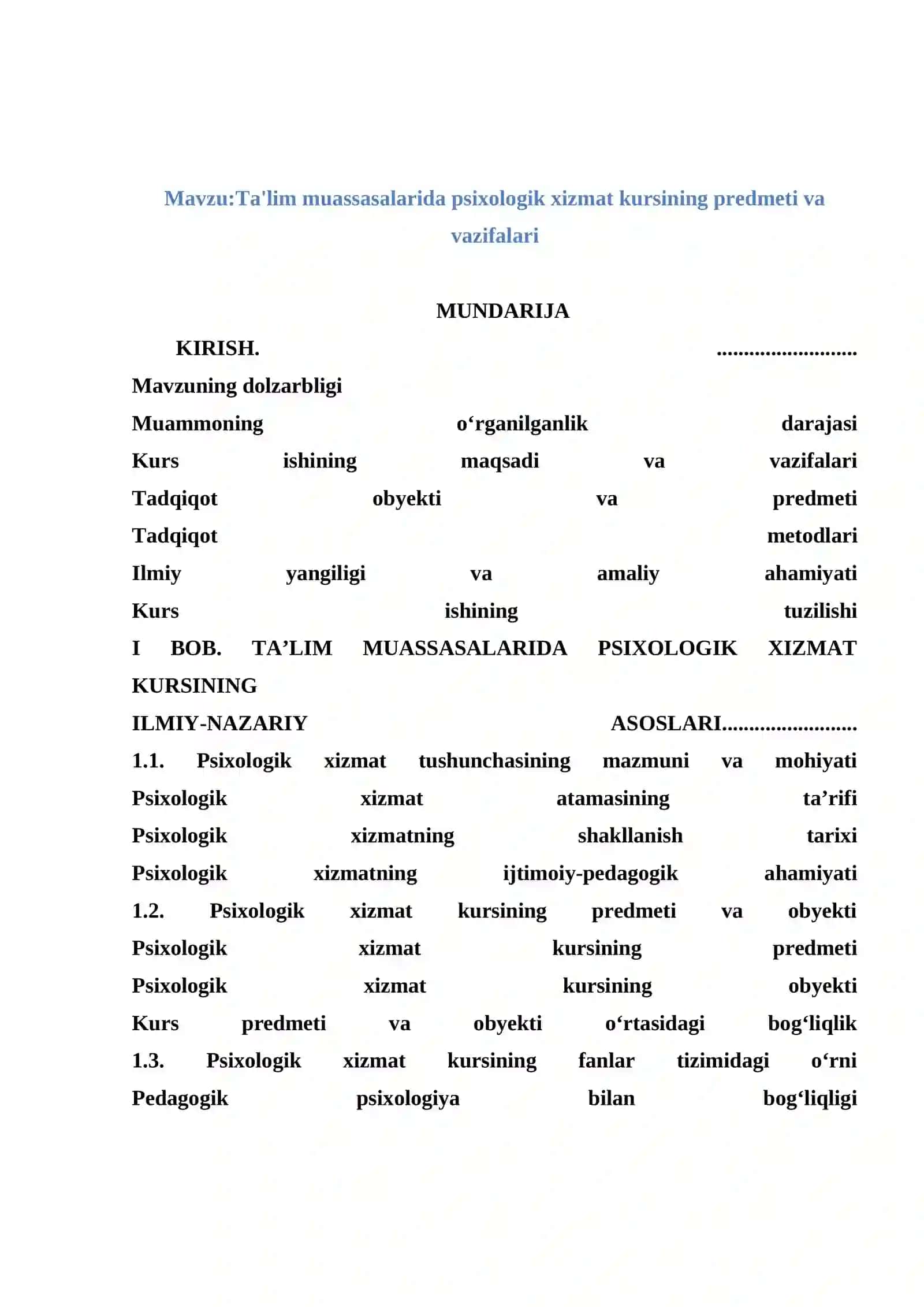 Ta'lim muassasalarida psixologik xizmat kursining predmeti va vazifalari 2