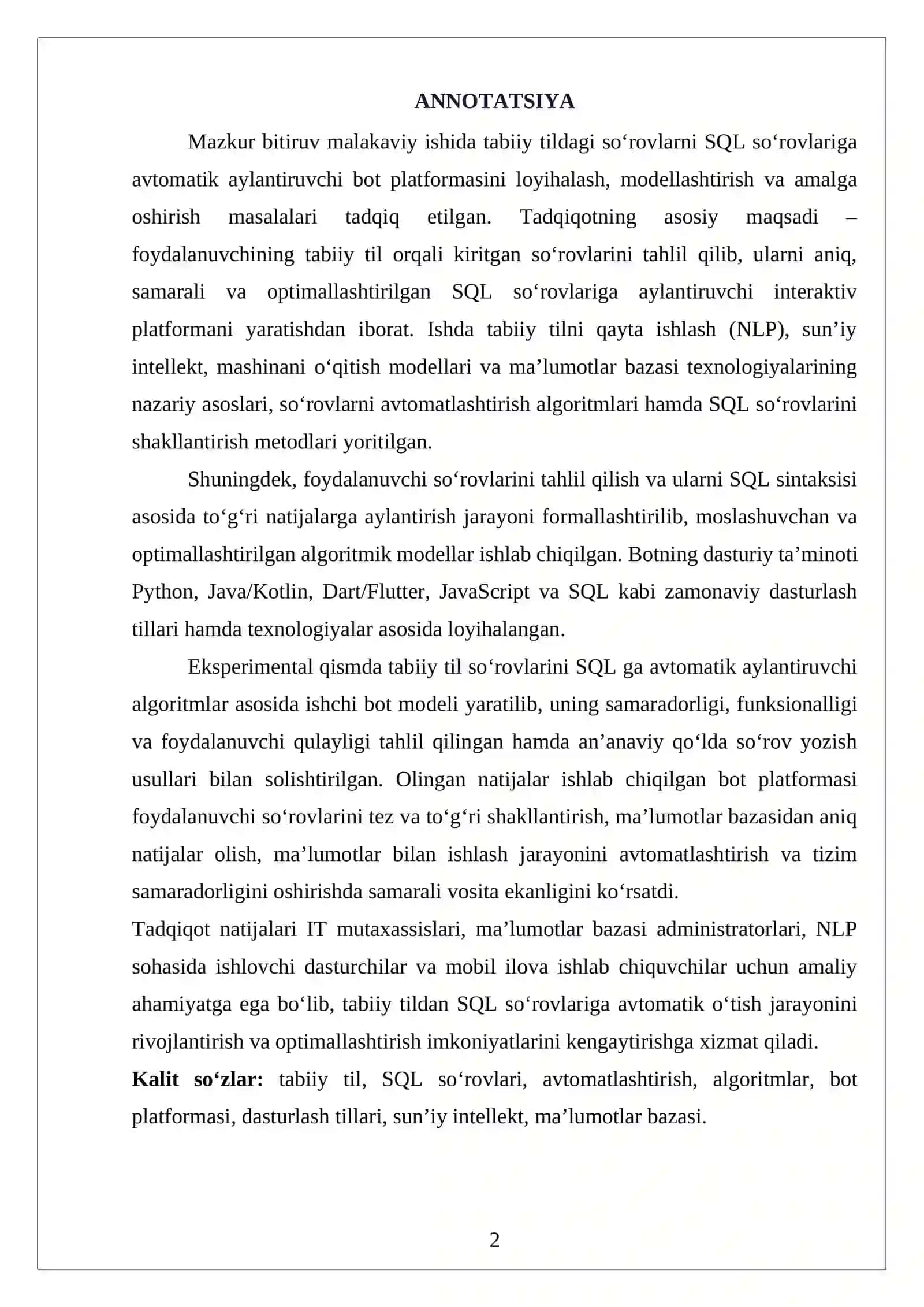 TABIIY TILDAGI SO'ROVLARNI SQL GA AYLANTIRUVCHI BOT 2