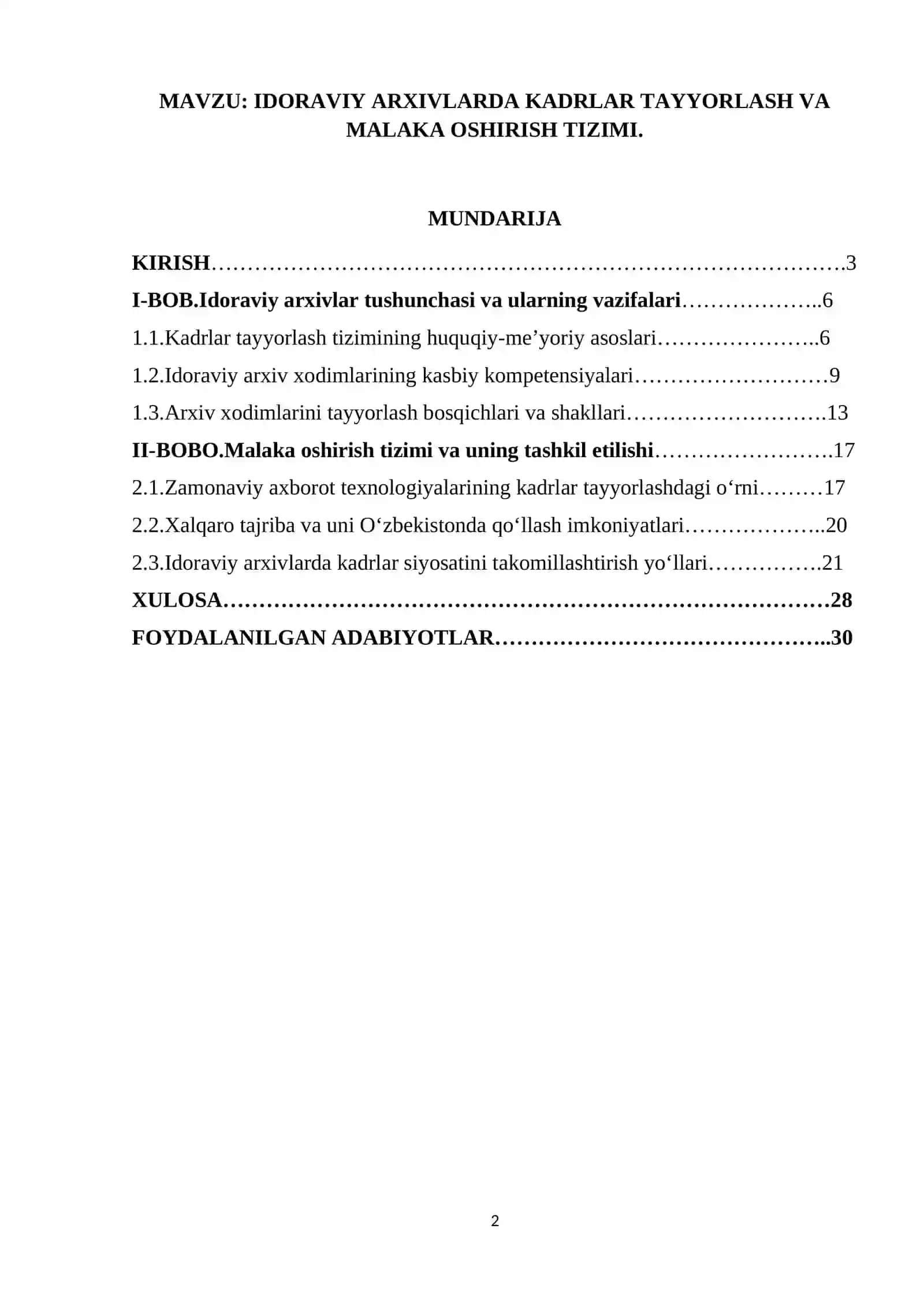 Idoraviy arxivlarda kadrlar tayyorlash va malaka oshirish tizimi. 2