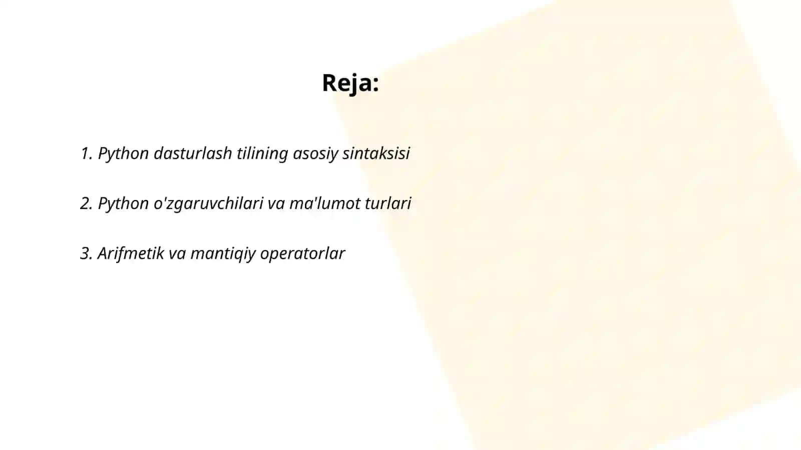 Python dasturlash tilining asosiy sintaksisi 2