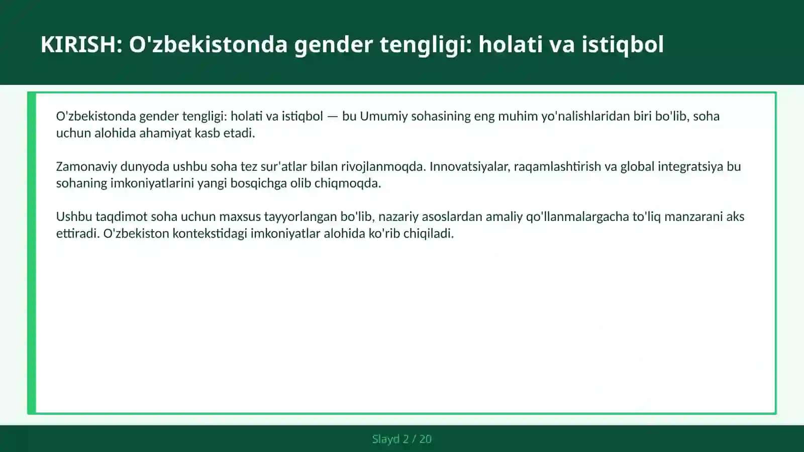 O'zbekistonda gender tengligi: holati va istiqbol 2