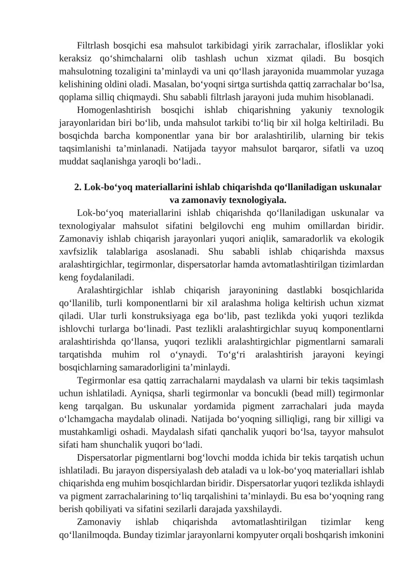 LOK-BO'YOQ MATERIALLARI ISHLAB CHIQARISHNING TEXNOLOGIK JARAYONLARI 2