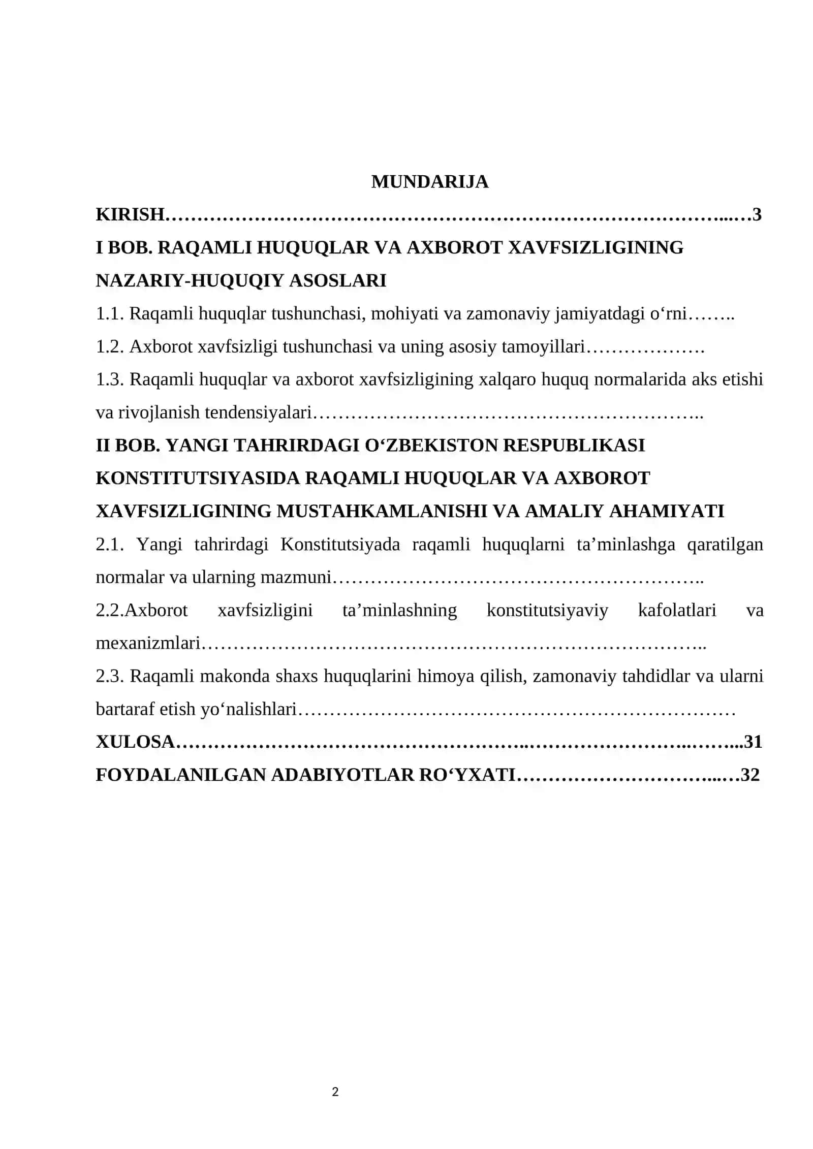 Yangi tahrirdagi Konstitutsiyada raqamli huquqlar va axborot xavfsizligi kurs ishi 2