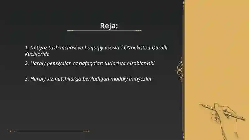 Oʻzbekiston Respublikasi Qurolli Kuchlardagi imtiyozlarning asosiy turlari va tuzilishi 2