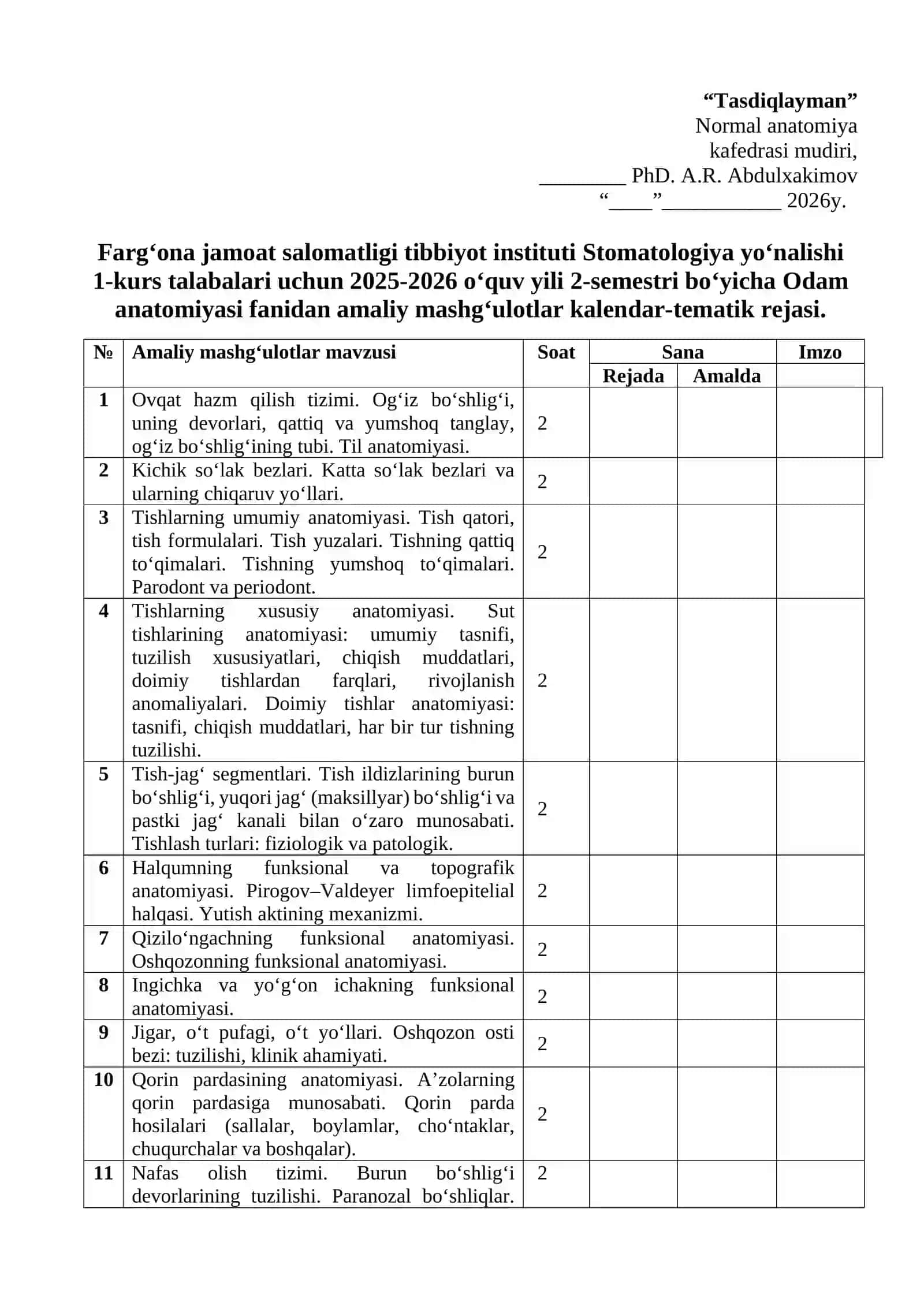 Odam anatomiyasi fanidan ma’ruzalar kalendar-tematik rejasi 2