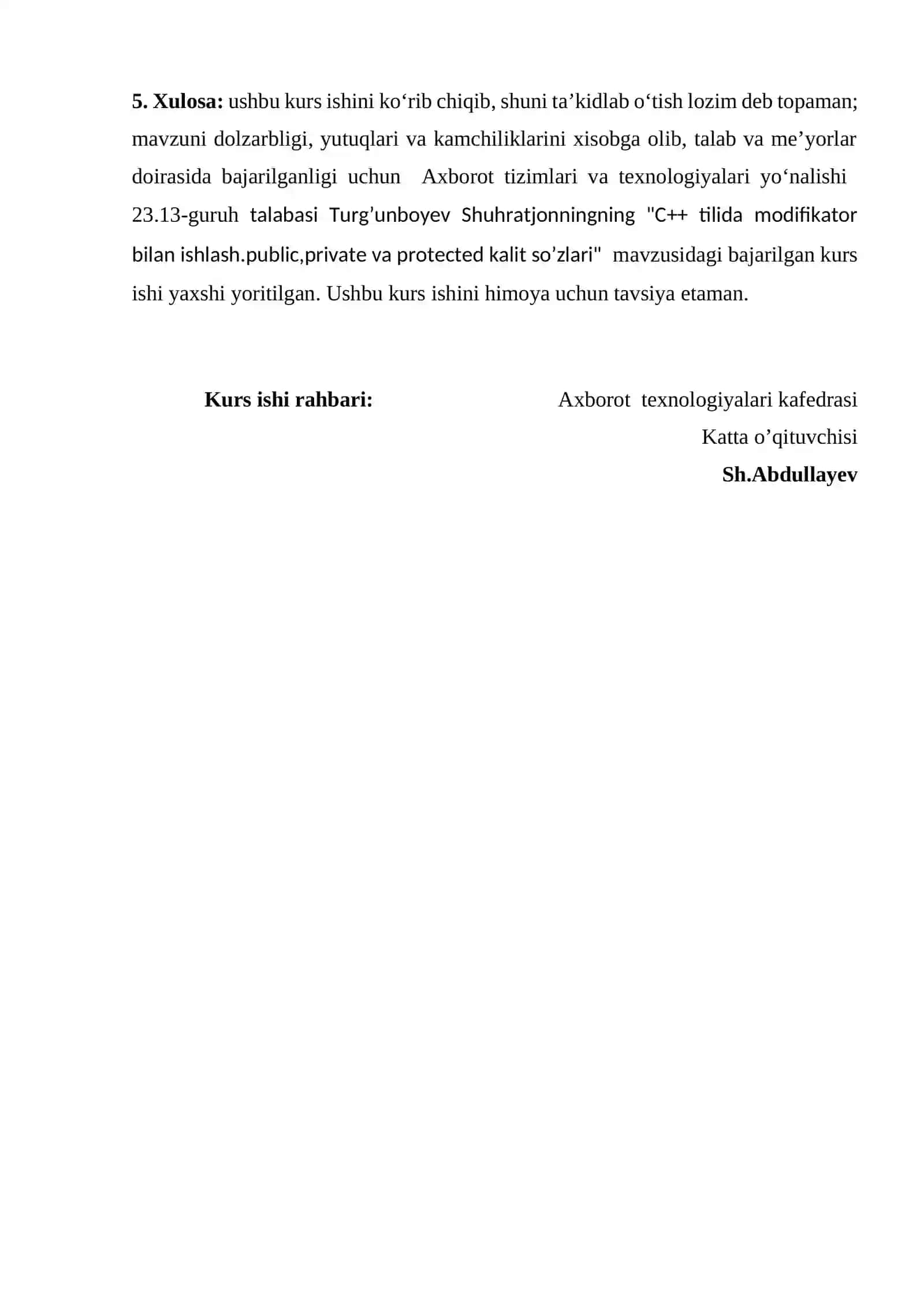 Dasturlash asoslari fanidan “C++ tilida modifikatorlar bilan ishlash. Public, Private va Protected kalit so’zlari” mavzusida kurs 2