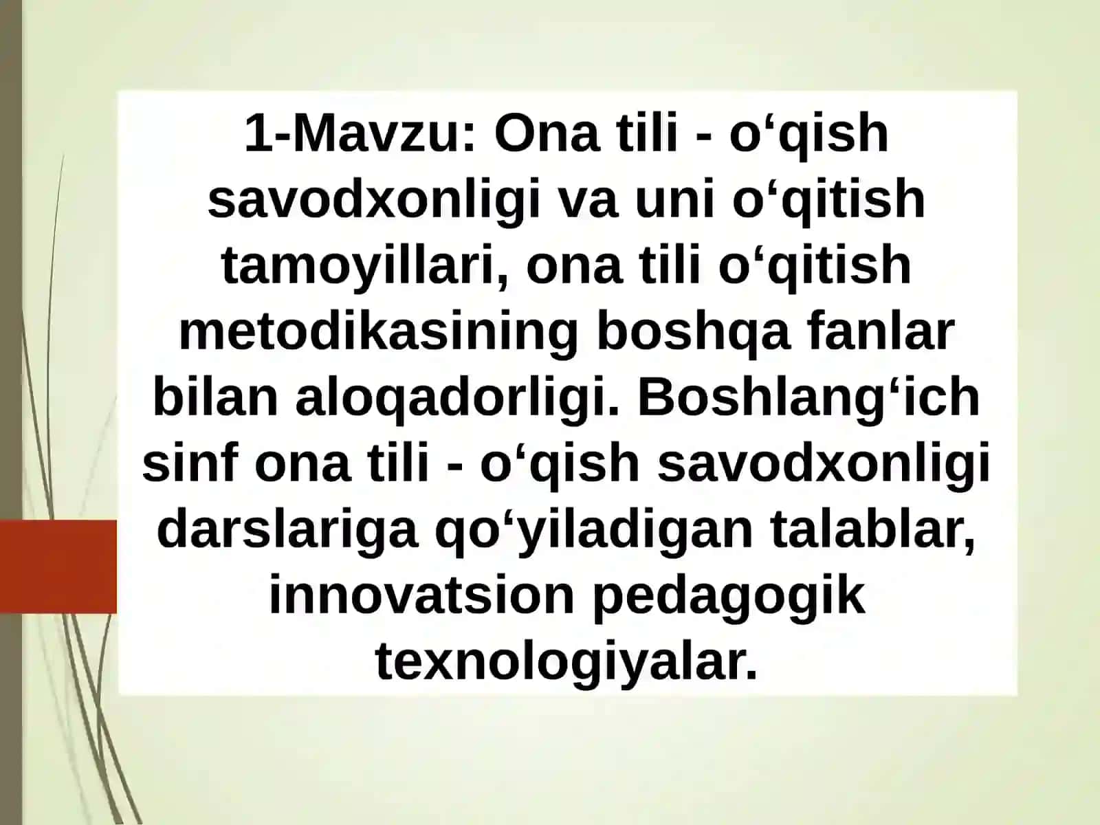 Ona tili - o‘qish savodxonligi va uni o‘qitish tamoyillari, ona tili o‘qitish metodikasining boshqa fanlar bilan aloqadorligi. Boshlang‘ich sinf ona tili - o‘qish savodxonligi darslariga qo‘yiladigan talablar, innovatsion pedagogik texnologiyalar 2