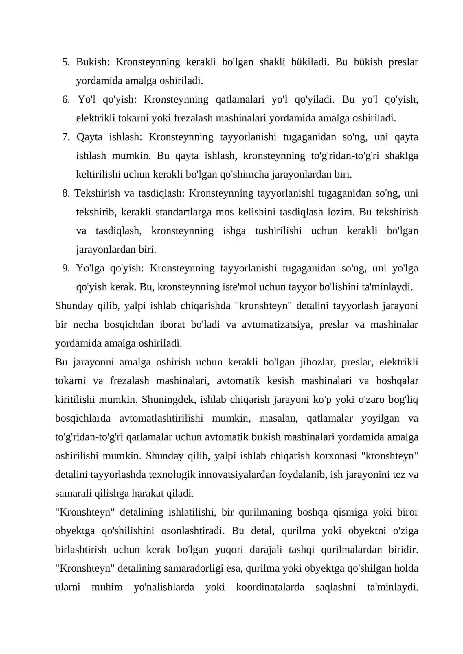 Yalpi Ishlab Chiqarishda Kronshteyn Detalini Tayyorlash Texnologik Jarayoni 2