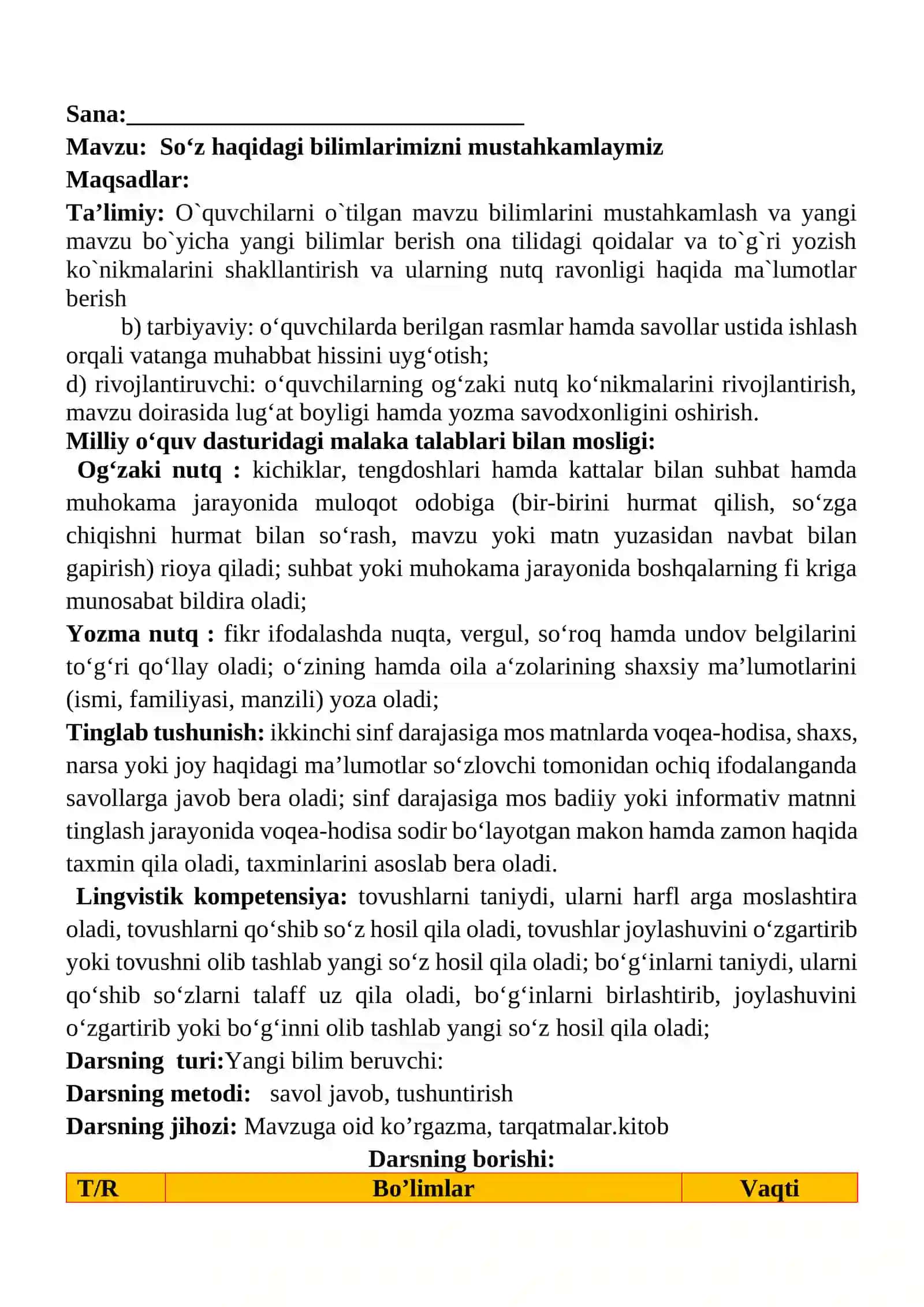 So‘z haqidagi bilimlarimizni mustahkamlaymiz mavzusida 2-sinf Ona tili fanidan dars ishlanmasi 2
