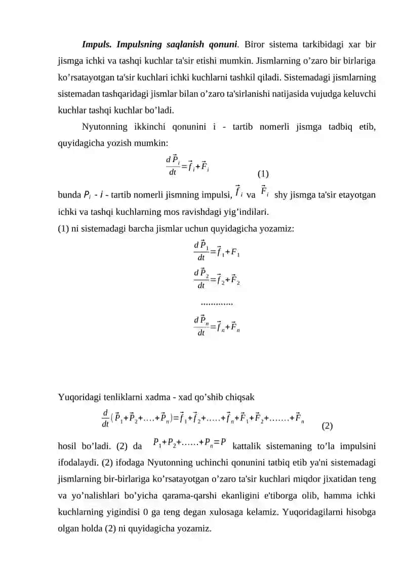 Mustaqil  ish (Sistema impulsining saqlanish qonuni .docx ) 2