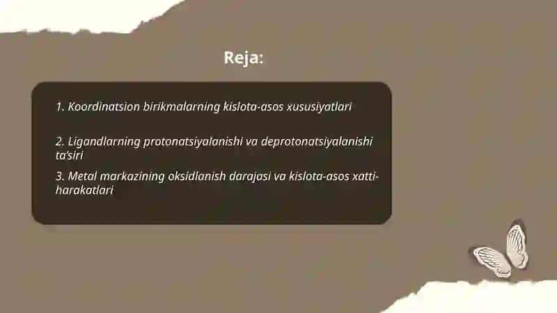 Koordinatsion birikmalarning kislota asos va oksidlanish qaytarilish reaksiyalari 2