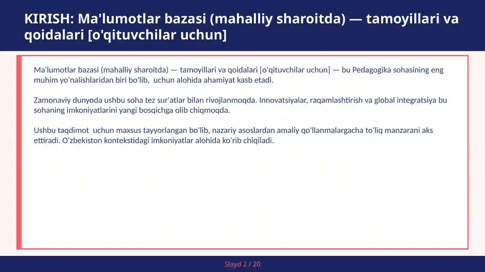 Ma'lumotlar bazasi (mahalliy sharoitda) — tamoyillari va qoidalari [o'qituvchilar uchun] 2