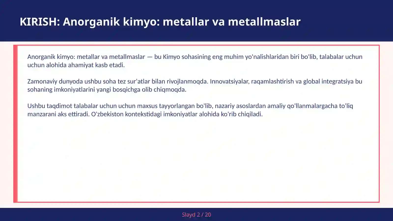 ANORGANIK KIMYO: METALLAR VA METALLMASLAR 2