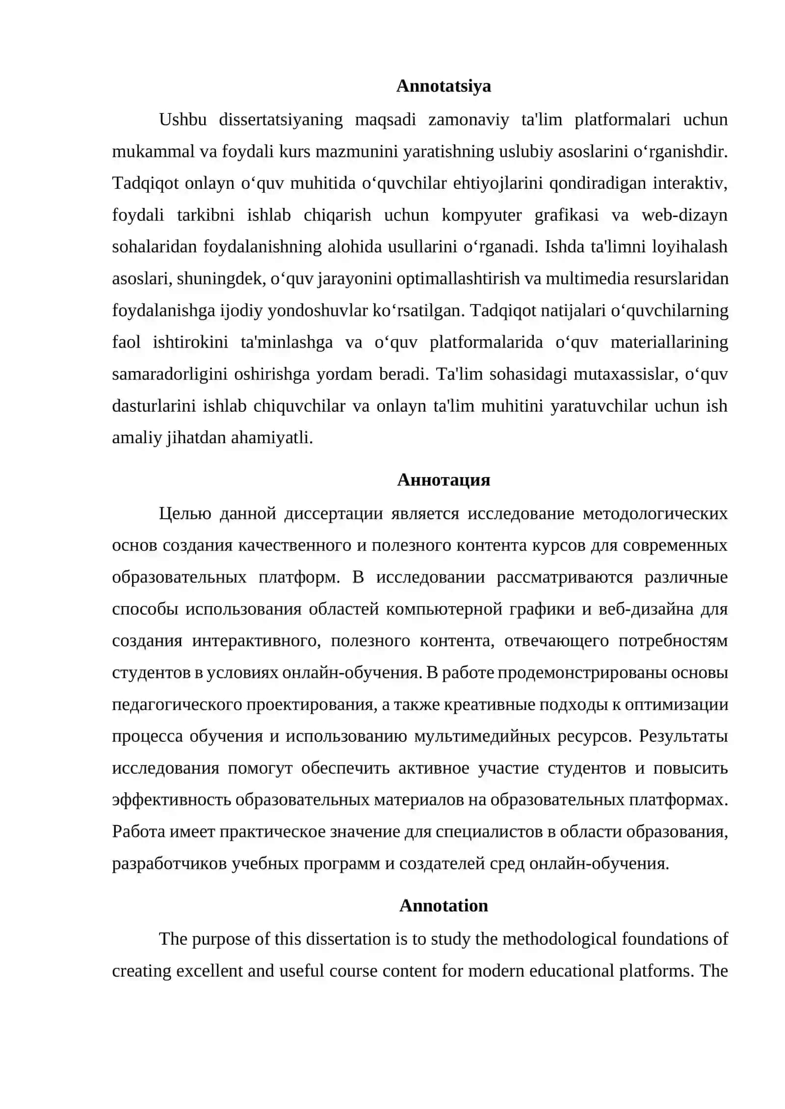 Magaistratura dissertatsiyasi Ta’lim platformasidagi oʻquv kurslari uchun kontent yaratish metodikasi (Kompyuter grafikasi va web-dizayn fani misolida) 2