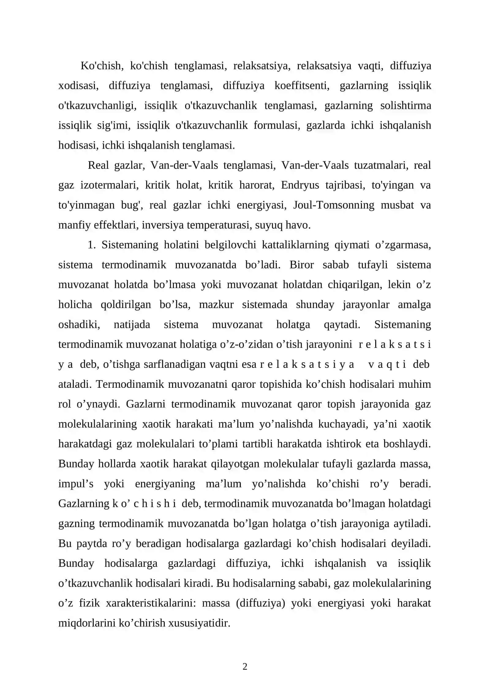 Ko’chish hodisalari va gazlar termodinamikasi 2