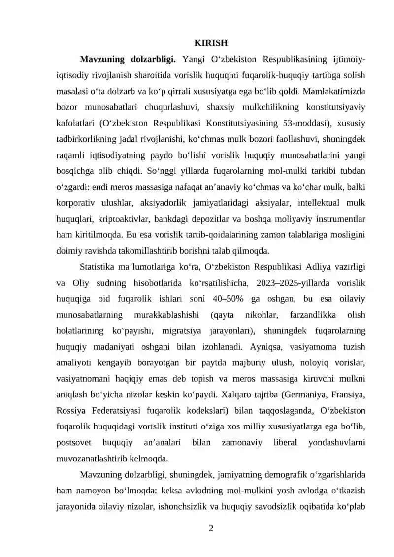 VASIYAT BO‘YICHA VORISLIKNI FUQAROLIK-HUQUQIY TARTIBGA SOLISHNING O'ZIGA XOS XUSUSIYATLARI 2