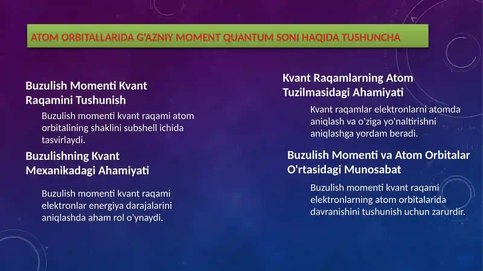 Kvant sonlari va ularning ma'nosi. Spin kvant soni. Pauli prinsipi 2