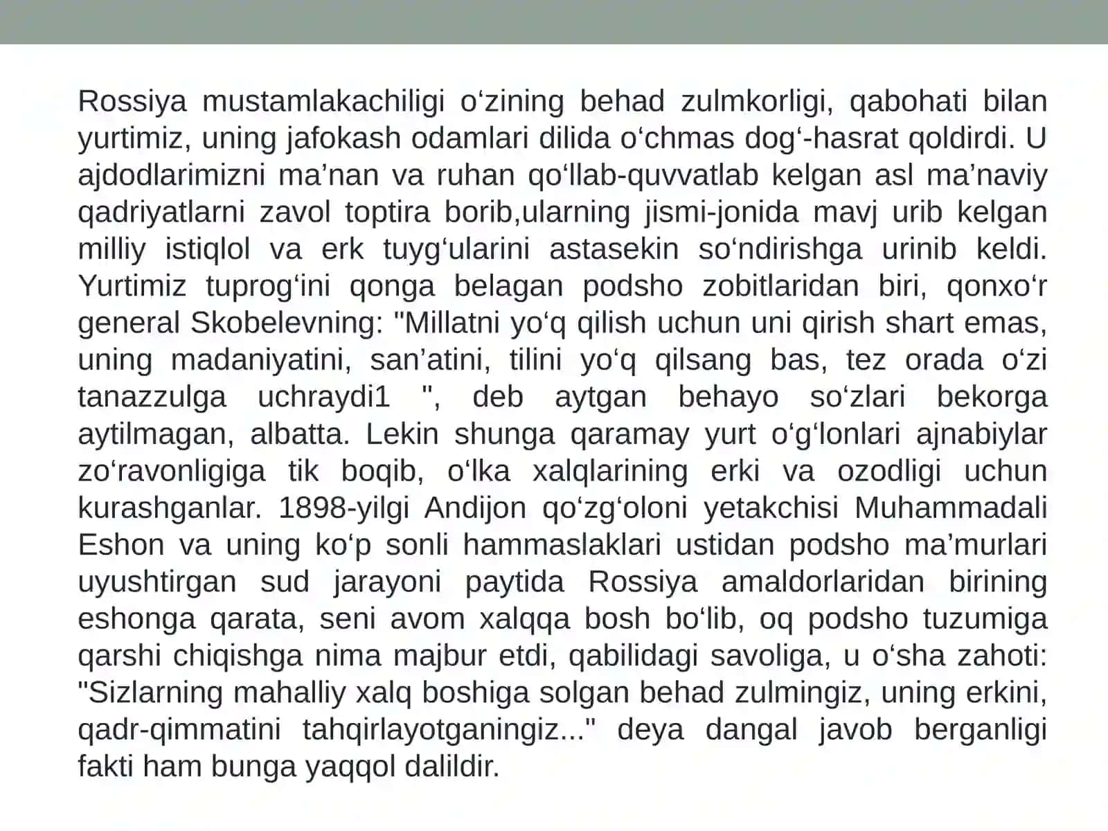 1892-yilgi Toshkent “Vabo isyoni”. Dukchi Eshon qo‘zg‘aloni. XIX asrning ikkinchi yarmi – XX asr boshlarida Turkiston o‘lkasidagi ijtimoiy-iqtisodiy hayot. 2