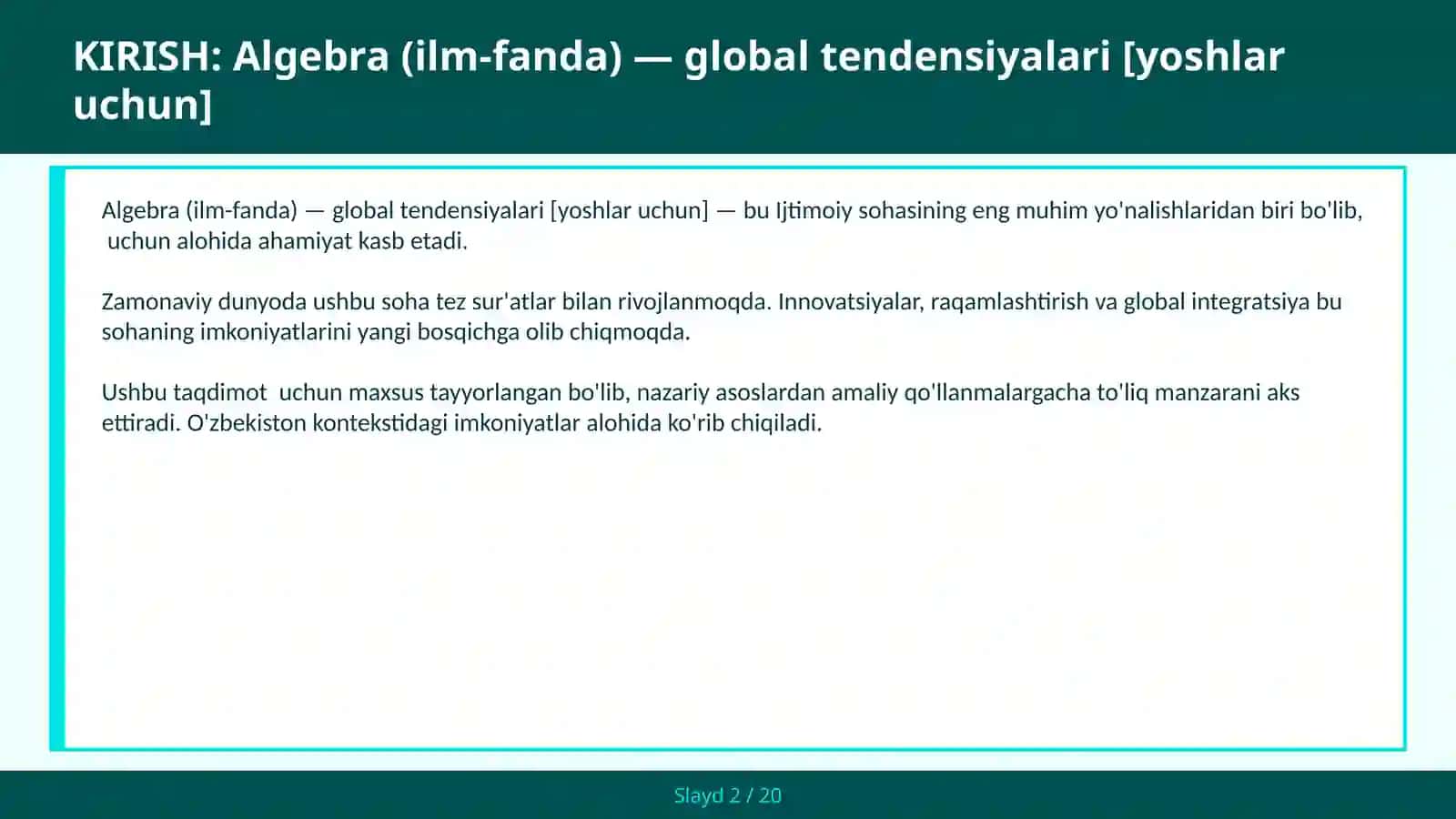 Algebra (ilm-fanda) — global tendensiyalari [yoshlar uchun] 2