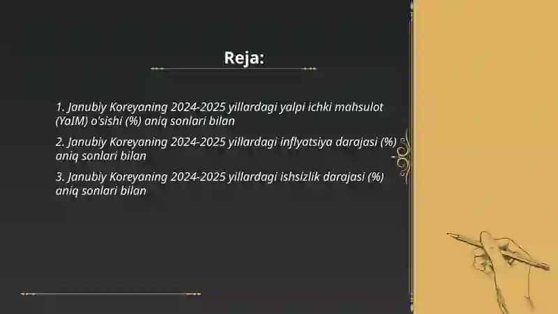 Janubiy Kareyaning makro iqtisodiyoti xaqida 2024-2025-yilardagi aniq sonlari blan 2