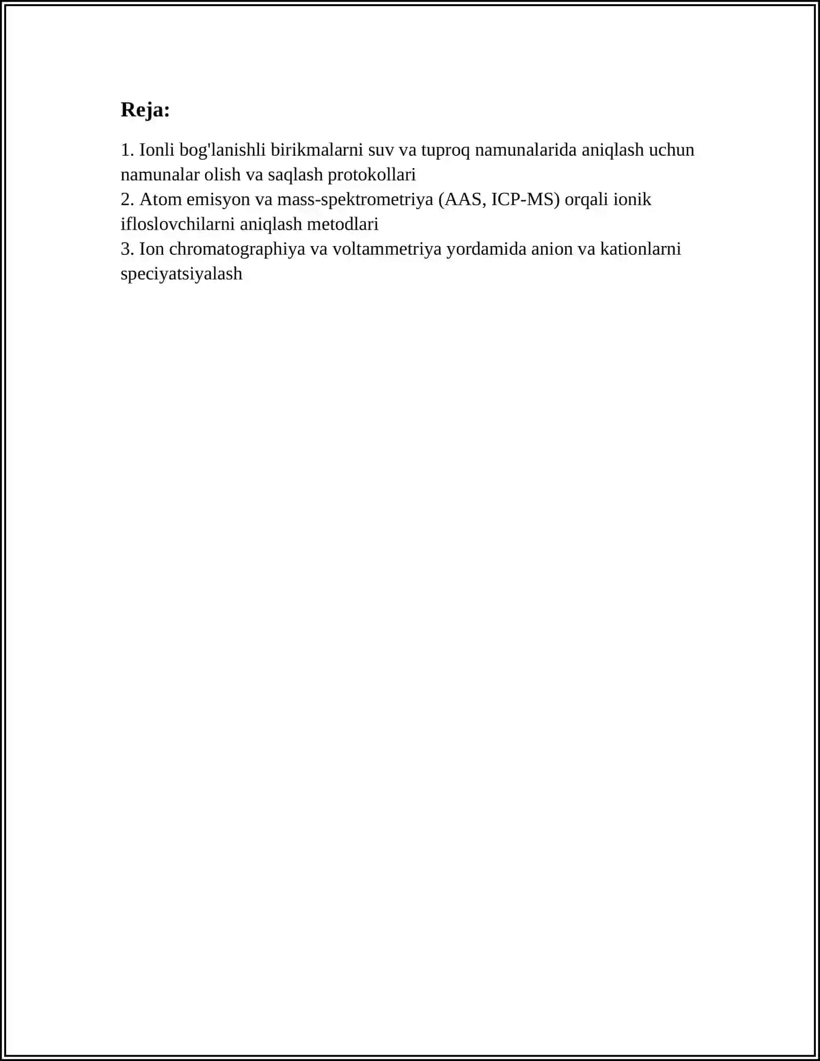 SUV VA TUPROQ IFLOSLANISHIDA IONLI BOGLANISHLI BIRIKMALARNI ANIQLAB TOZALASH USULARINI ISHLAB CHIQISH 2