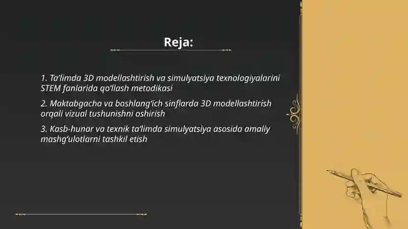 Taʼlimda 3D modellashtirish va simulyatsiya texnologiyalarining qoʼllanilishi 2