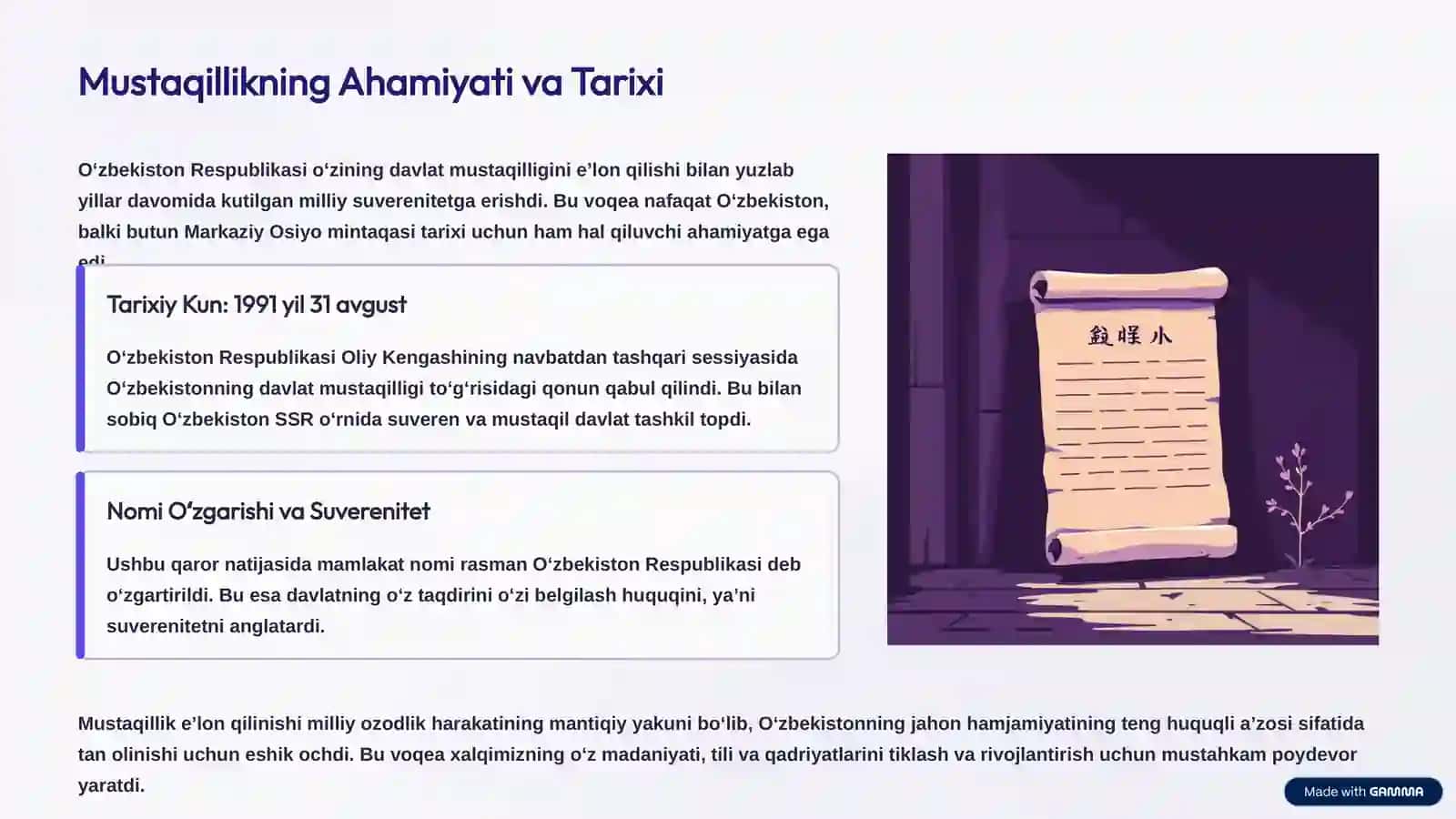 Oʻzbekiston Respublikasining mustaqillikka erishish jarayonini, uning tarixiy ahamiyatini, siyosiy, ijtimoiy-iqtisodiy taʼsirini hamda bugungi kundagi oʻrnini chuqur tahlil etadi. Bu, xalqimizning azaliy orzusi roʻyobi boʻlgan tarixiy voqea – 1991 yil 31 avgust sanasi xotirasiga bagʻishlanadi. 2