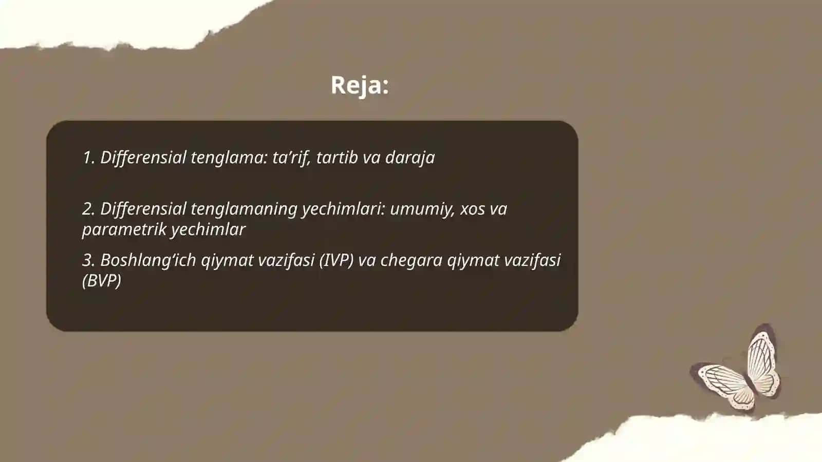 Differensial tenglamalar haqida tushuncha. Oddiy differensial tenglamalar orqali ifodalanuvchi ayrim fizik va geometrik masalalar 2