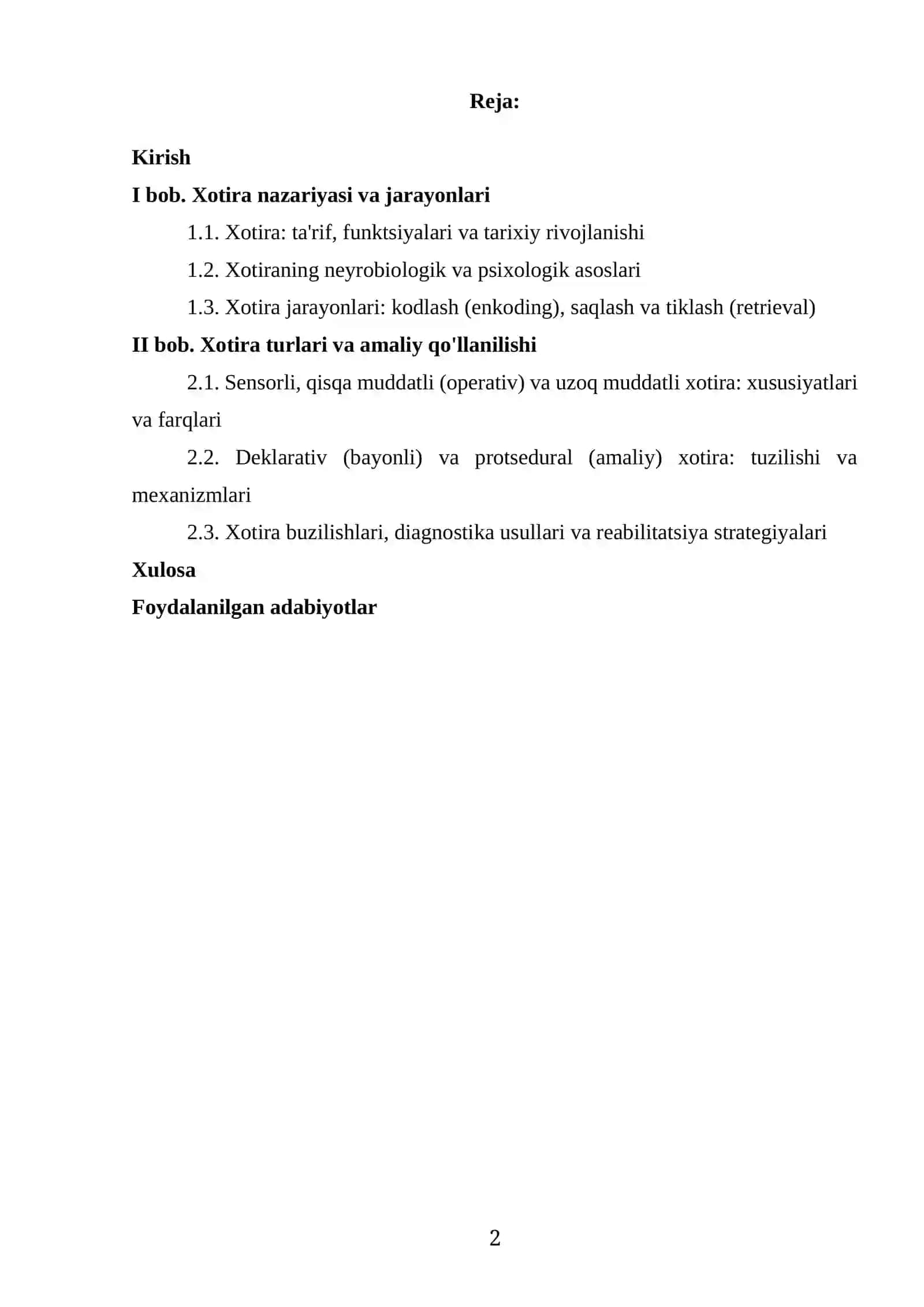 KURS ISHI "XOTIRA JARAYONLARI VA TURLARI" 2