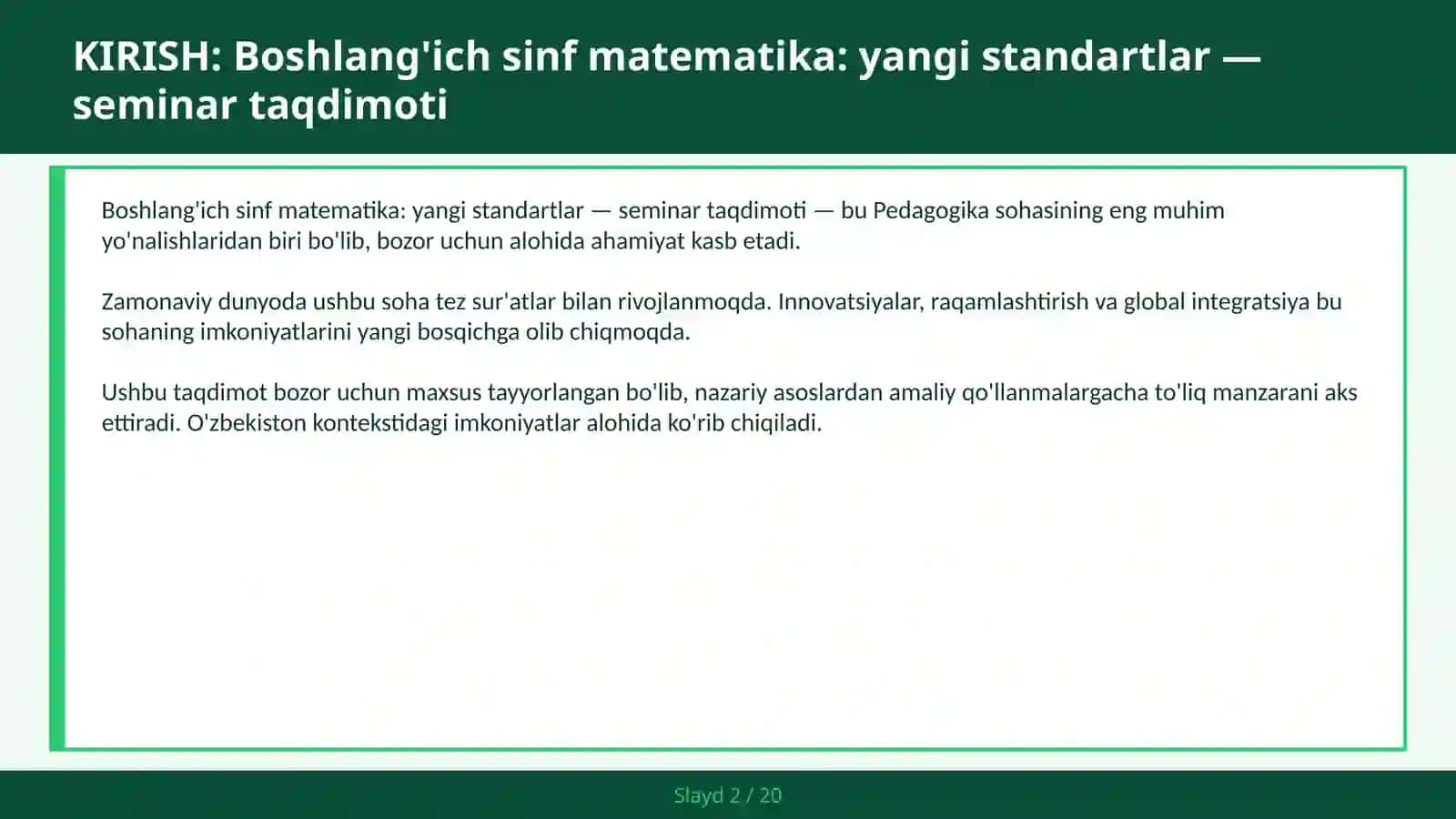 Boshlang'ich sinf matematika: yangi standartlar — seminar taqdimoti 2