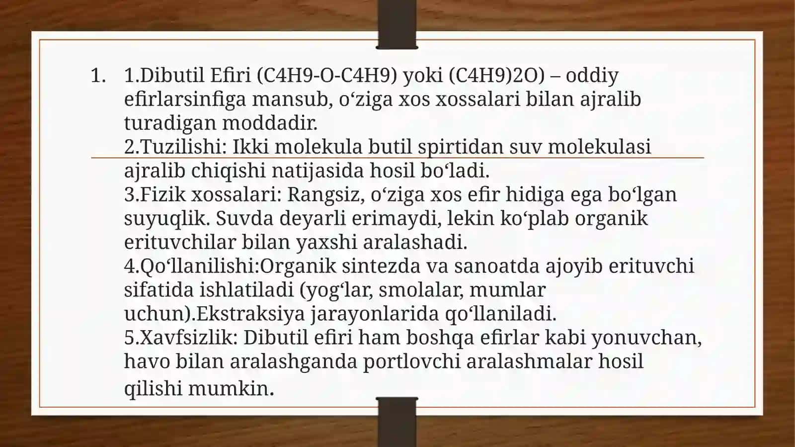 Dibutil efiri sintezi,uning tuzilishi va xossalari 2