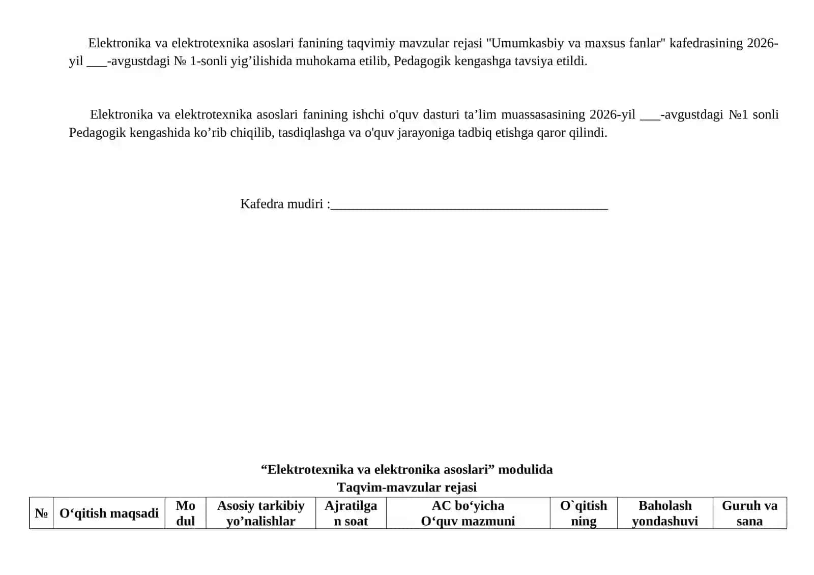 Elektrotexnika fanidan Elektrobus.... yo'nalishi uchn taqvim 2
