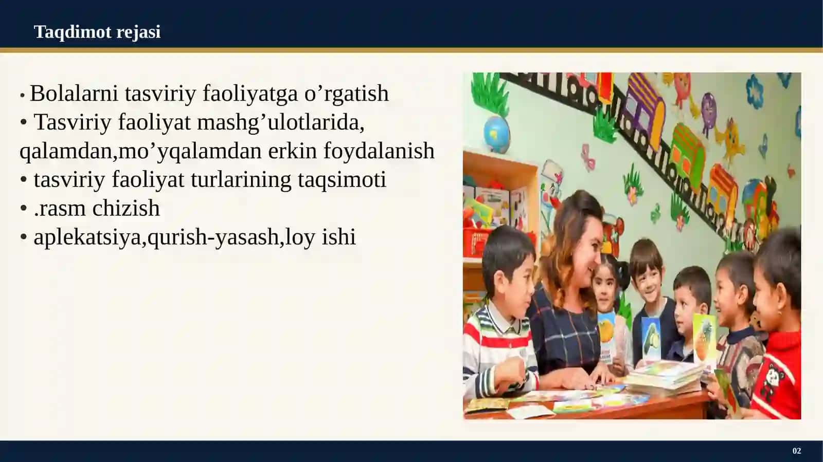 Tarbiyachining bolalarni tasviriy faoliyatga o’rgatish jarayonidagi o’rni.Maktabgacha yoshdagi bolalarni xar tomonlama rivojlanoshda tasviriy faoliyat turlari va uning ahamiyati 2
