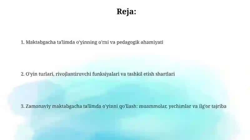 O'yinning maktabgacha talim tashkiloti pedagogik jarayonidagi o'rni va ahamiyati 2