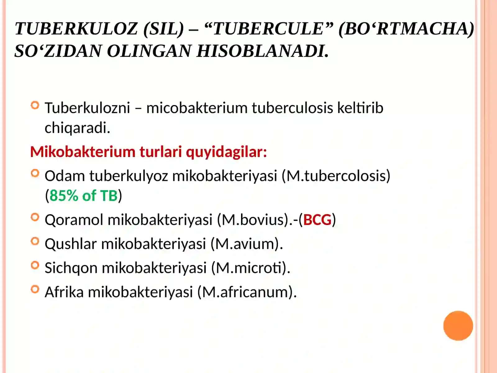TUBERKULOZ (SIL) – “TUBERCULE” (BOʻRTMACHA) SOʻZIDAN OLINGAN HISOBLANADI 2