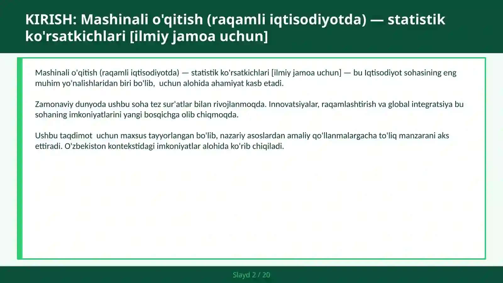 Mashinali O'qitish (Raqamli Iqtisodiyotda) — Statistik Ko'rsatkichlari [Ilmiy Jamoa Uchun] 2