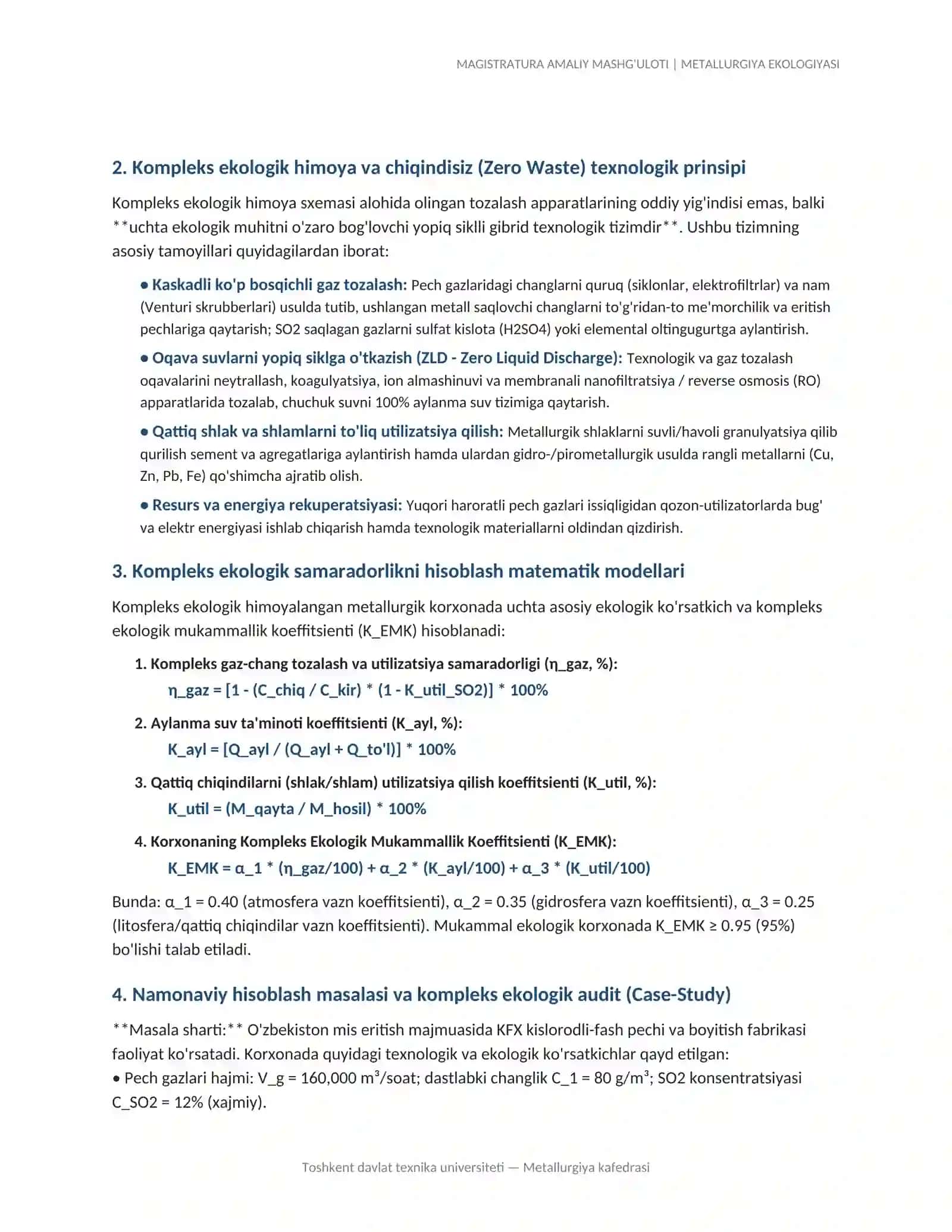 MAGISTRATURA AMALIY MASHG'ULOTI | METALLURGIYA EKOLOGIYASI 2