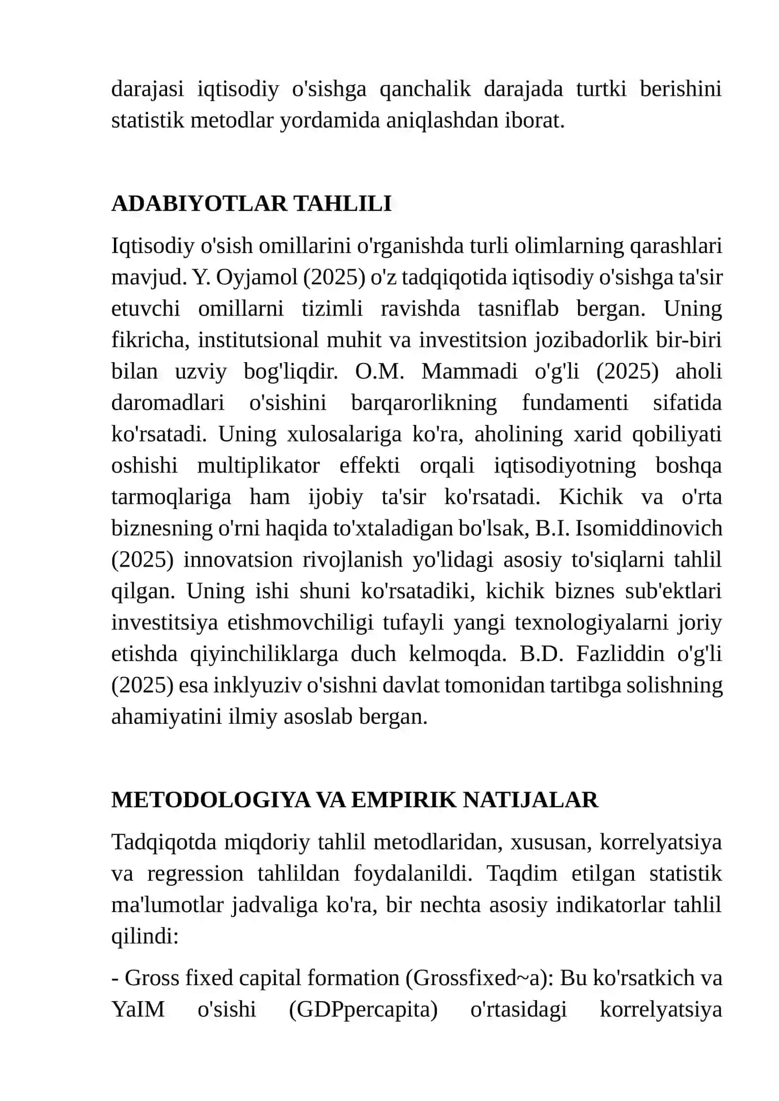 IQTISODIY O‘SISHGA INVESTITSIYA VA DAROMAD OMILLARINING TA’SIRI: RESEARCH SKILLS ASOSIDAGI TAHLILIY TADQIQOT 2