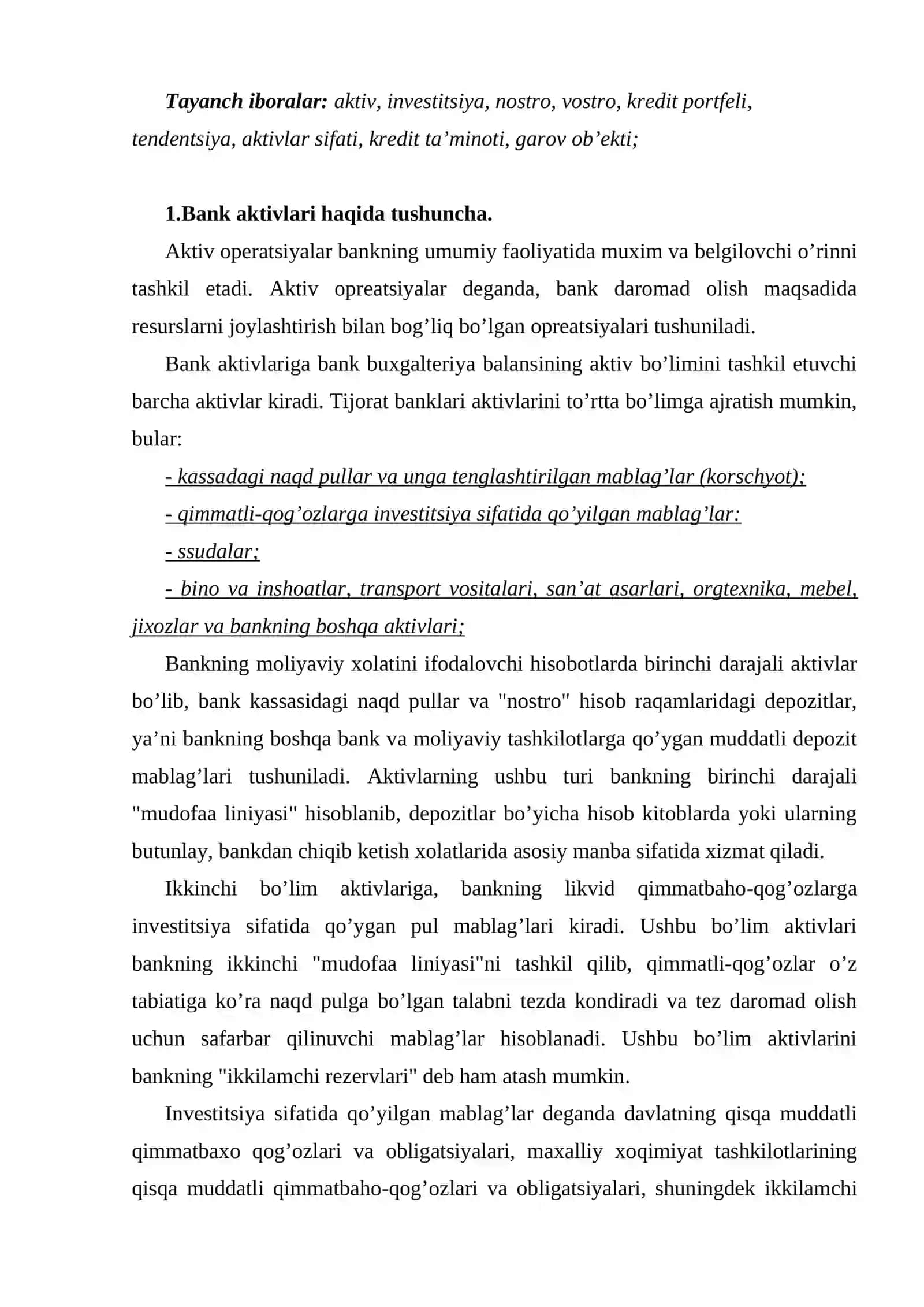 Bank aktivlari ularning mohiyati va tarkibi 2