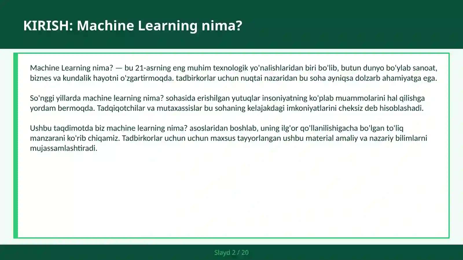 MACHINE LEARNING Nima? 2