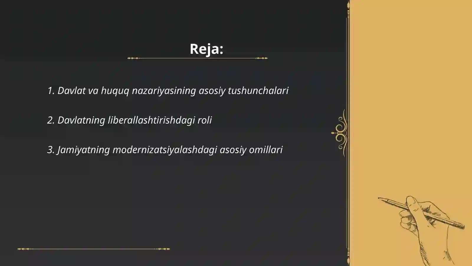 Davlat va jamiyat hayotining barcha sohalarini leberallashtirish isloh qilish modernizatsiyalashda davlat va huquq nazariyasining rolida slaydlar 2