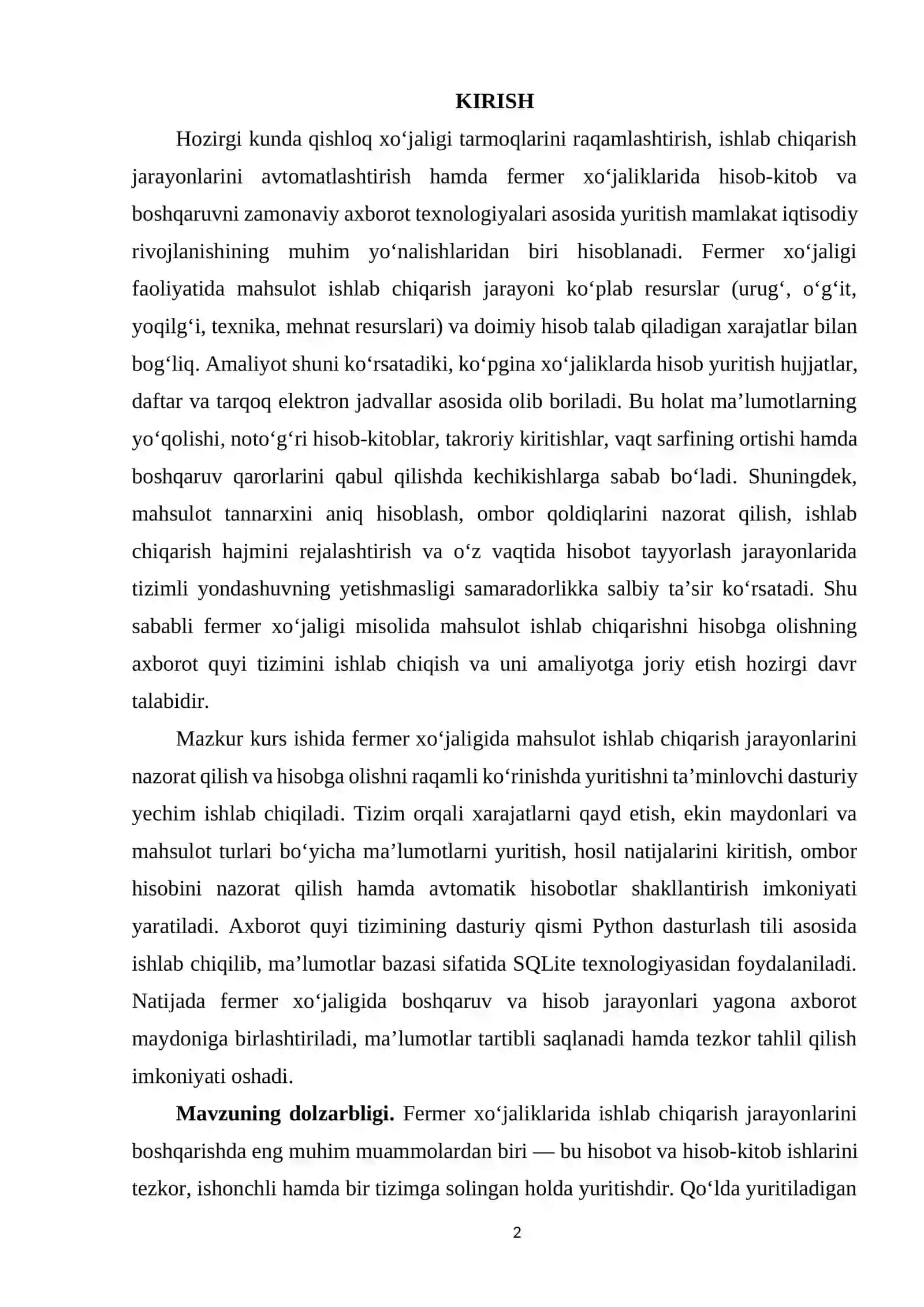 FERMER XO‘JALIGI MISOLIDA MAHSULOT ISHLAB CHIQARISHNI HISOBGA OLISHNING AXBOROT QUYI TIZIMINI ISHLAB CHIQISH VA JORIY ETISH 2
