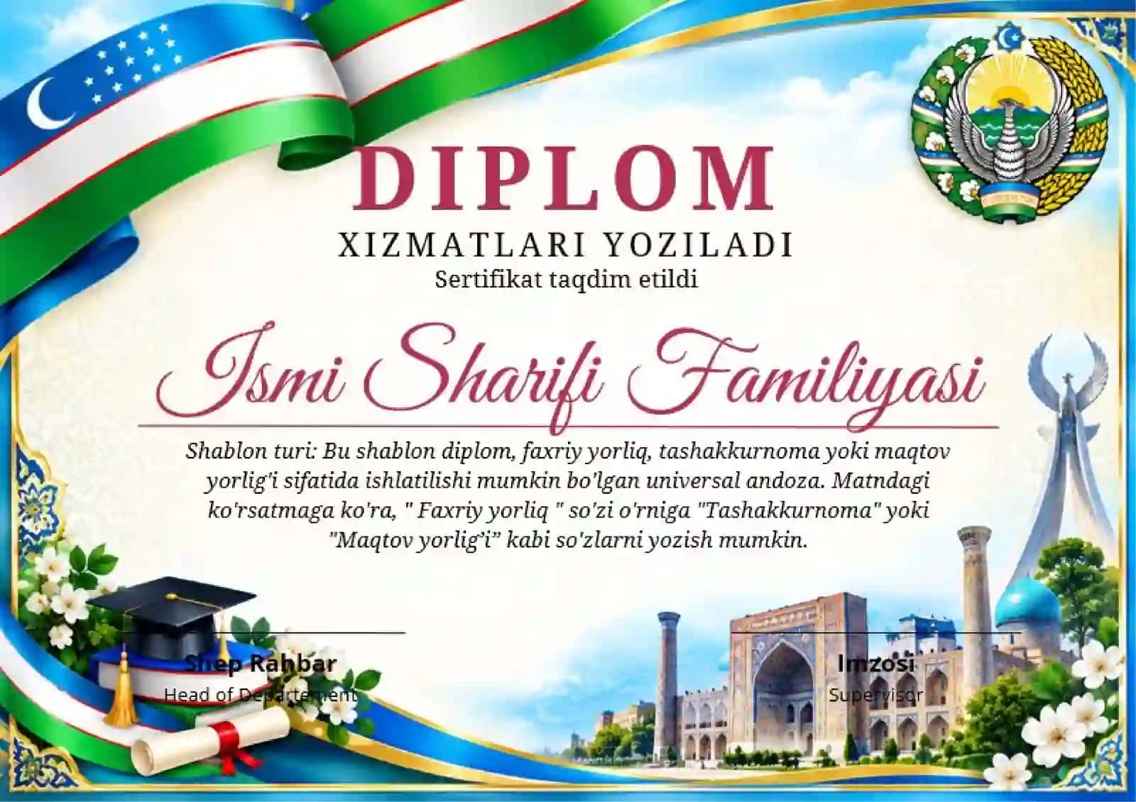 Shablon diplom, sertifikat, faxriy yorliq, tashakkurnoma yoki maqtov yorlig'i 2