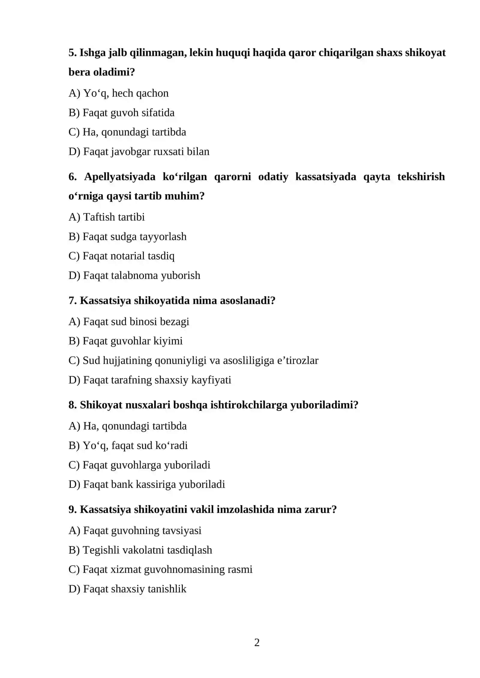 Kassatsiya instansiyasi sudida ish yuritish TEST. 2