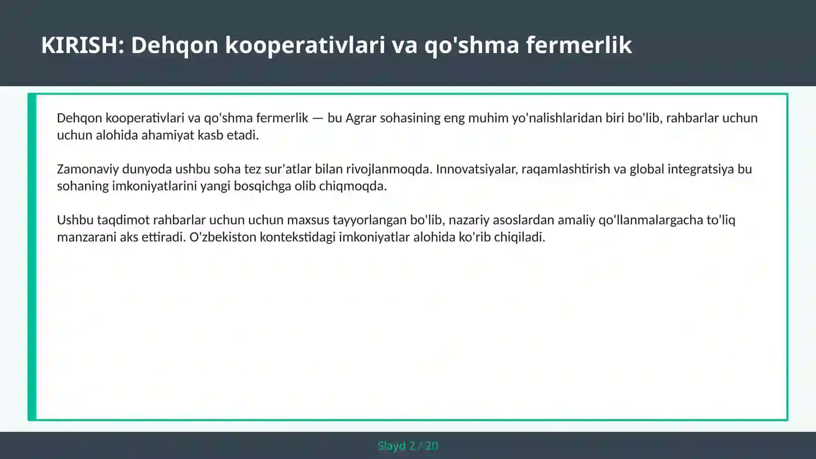 Dehqon kooperativlari va qo'shma fermerlik 2