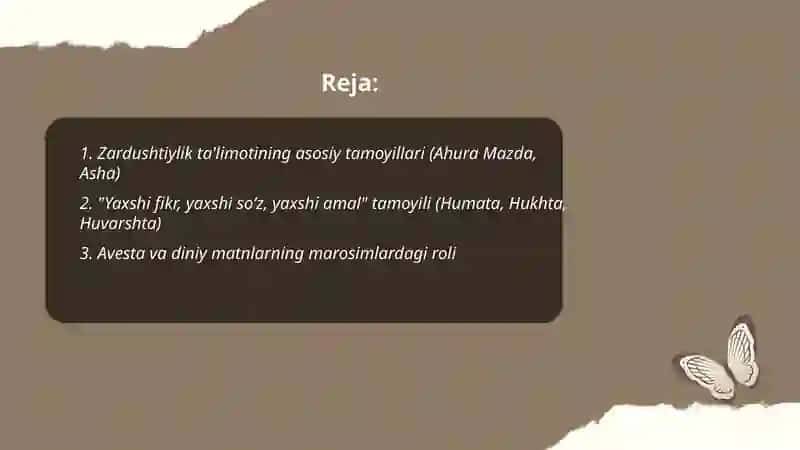 Zardushtiylik ta'limoti urf-odat marosimlaar, ma'naviy axloqiy qarashlar 2