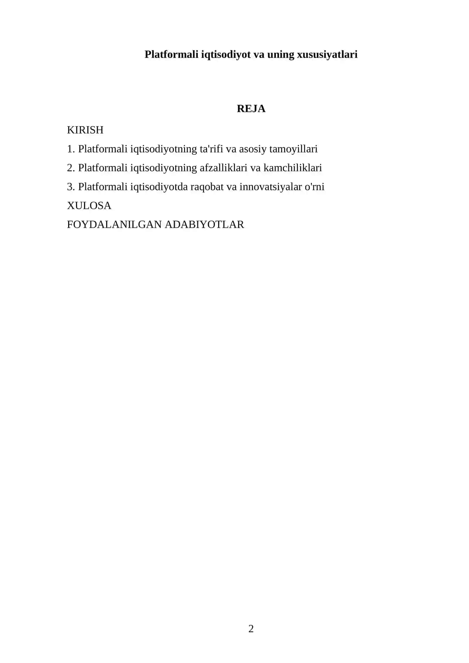 Platformali iqtisodiyot va uning xususiyatlari 2