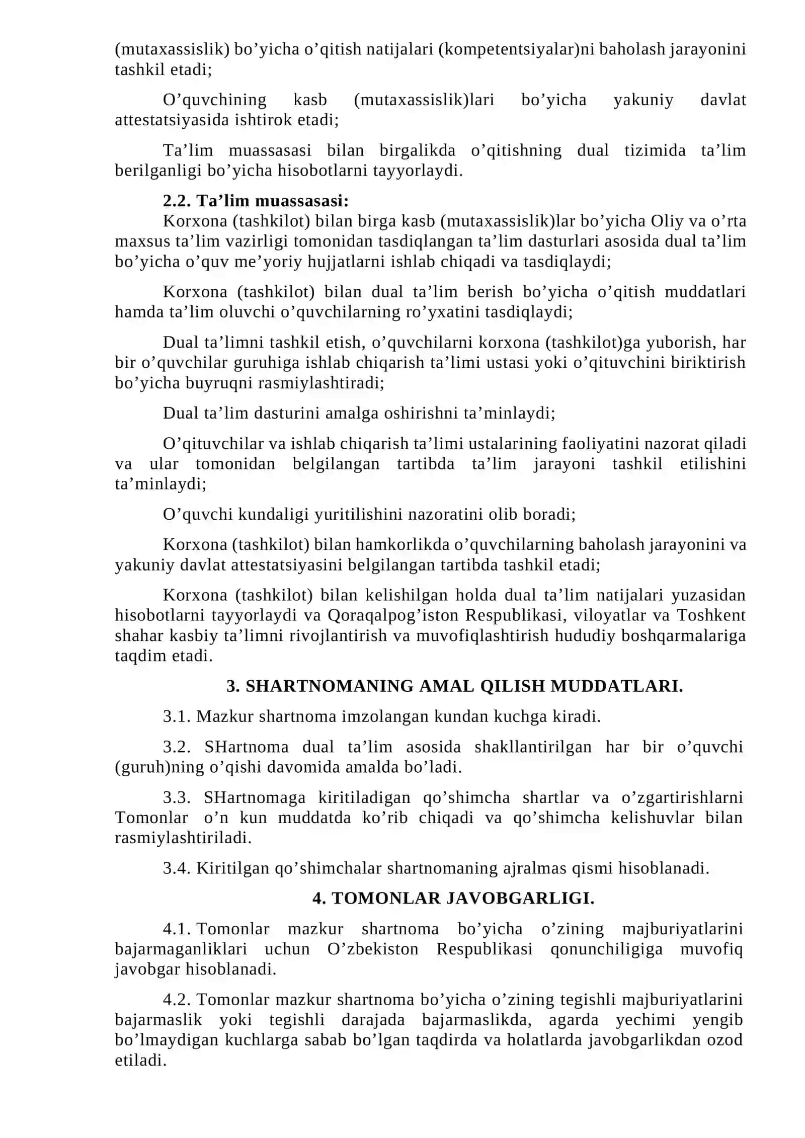 Dual ta’limni joriy etish bo’yicha korxona (tashkilot) va ta’lim muassasasi o’rtasidagi SHARTNOMA 2